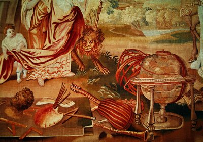 Europa, från en gobeläng av världens fyra hörn, detalj av musikinstrumenten i nedre högra hörnet, början av 1700-talet. av A. Baertams