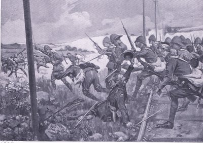 Anklagelsen av de skotska fusilierna i Fredrikstad, illustration från After Pretoria: The Guerilla War, 1902 av A. C. Ball