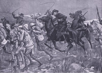 De Wets behandling av brittiska krigsfångar på marschen, illustration från After Pretoria: The Guerilla War, 1902 av A. C. Ball