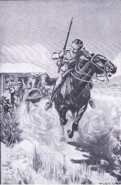 Escape of a scout, från After Pretoria: The Guerilla War publicerad av Harmsworth Bros Limited av A. C. Ball