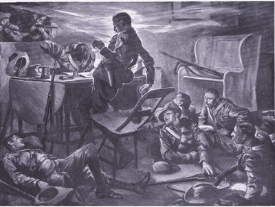 Mordet på två män från Comptons Horse när de skrev hem brev, illustration från After Pretoria: The Guerilla War, 1902 av A. C. Ball