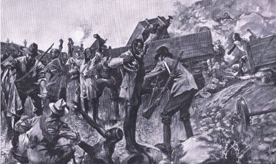 Förlisningen av tåget nära Taaibosch, från After Pretoria: The Guerilla War publicerad av Harmsworth Bros Limited, 1901 av A. C. Ball