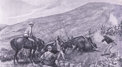 Transportsvårigheter vid Barberton: Hur kanonerna och vagnarna kom upp i bergen, illustration från After Pretoria: The Guerilla War, 1902 av A. C. Ball