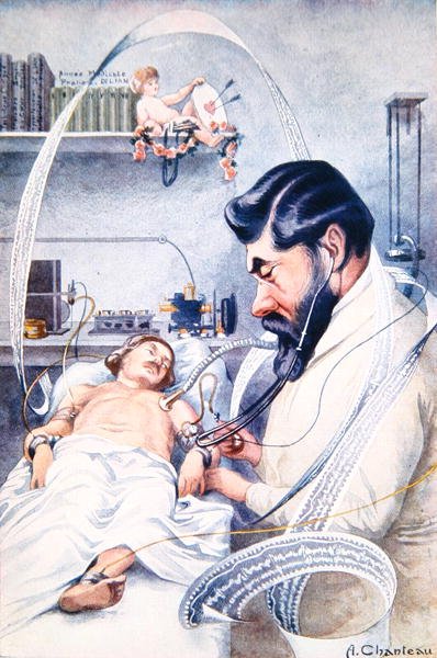 Professor Camille Lian (1882-1969) undersöker en patient med all sin utrustning, från "Chanteclair", oktober 1928 (färg litho) av A. Chanteau