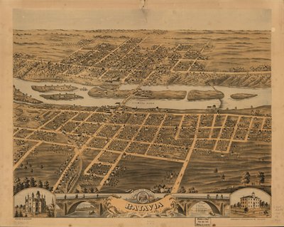 Fågelperspektiv över Batavia, Kane County, Illinois, 1869. LOC 73693342 av A.; Chicago Lithographing Co. Ruger