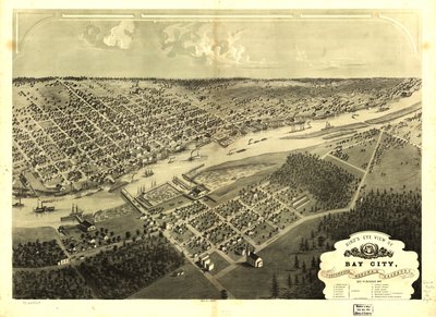 Fågelperspektiv över Bay City, Portsmouth, Wenona  Salzburg, Bay Co, Michigan 1867. LOC 73693424 av A.; Chicago Lithographing Co. Ruger