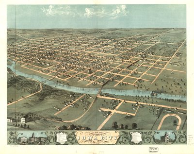 Fågelperspektiv av Iowa City, Johnson Co, Iowa 1868. LOC 73693398 av A.; Chicago Lithographing Co. Ruger