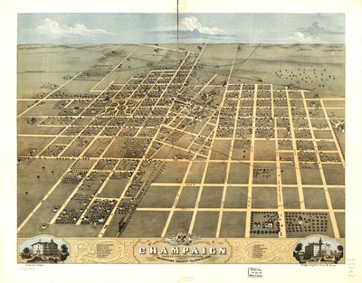 Fågelperspektiv över staden Champaign, Champaign County, Illinois 1869. LOC 73693348 av A.; Chicago Lithographing Co. Ruger
