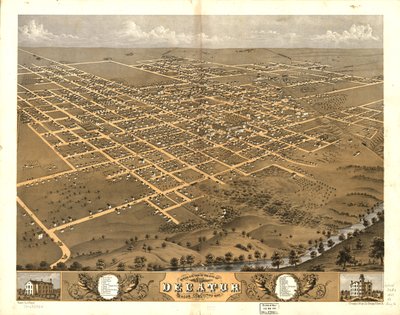 Fågelperspektiv över staden Decatur, Macon Co, Illinois 1869. LOC 73693354 av A.; Chicago Lithographing Co. Ruger