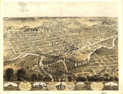 Fågelperspektiv över staden Fort Wayne, Indiana 1868. LOC 73693381 av A.; Chicago Lithographing Co. Ruger