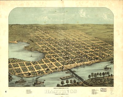 Fågelperspektiv över staden Hastings, Dakota Co, Minnesota 1867. LOC 73693453 av A.; Chicago Lithographing Co. Ruger
