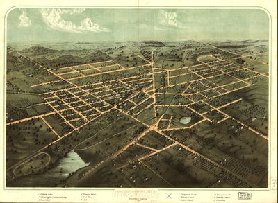 Fågelperspektiv över staden Hillsdale, Hillsdale Co, Mich. 1866. LOC 73693429 av A.; Chicago Lithographing Co. Ruger