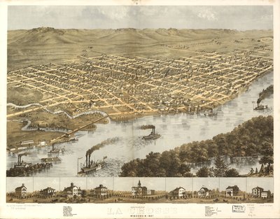 Fågelperspektiv över staden La Crosse, Wisconsin 1867. LOC 73694545 av A.; Chicago Lithographing Co. Ruger