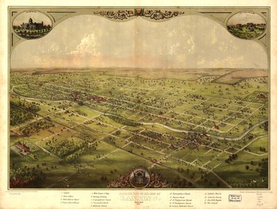 Fågelperspektiv över staden Lansing, Michigan 1866. LOC 73693436 av A.; Chicago Lithographing Co. Ruger