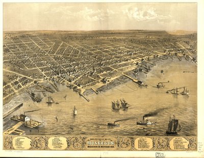 Fågelperspektiv över staden Muskegon, Muskegon Co., Michigan 1868. av A.; Chicago Lithographing Co. Ruger