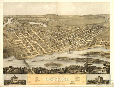 Fågelperspektiv över staden Portage, Columbia Co, Wisconsin 1868. LOC 73694548 av A.; Chicago Lithographing Co. Ruger