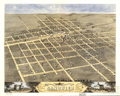 Fågelperspektiv över staden Sandwich, De Kalb County, Illinois 1869. LOC 73693372 av A.; Chicago Lithographing Co. Ruger