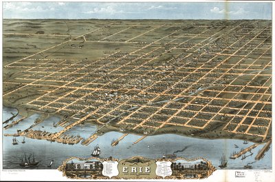 Fågelperspektiv över staden Erie, Erie County, Pennsylvania 1870. av A. Chicago Lithographing Co. Ruger and Stoner Ruger
