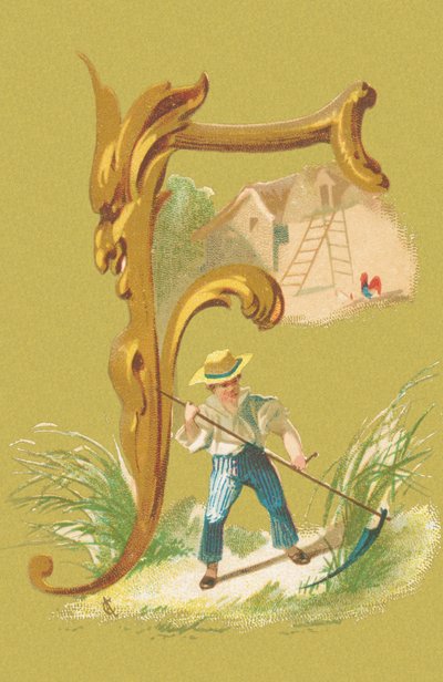 F: gräsklippare, fejk, hö, gård (färg litho) av A. Cordier