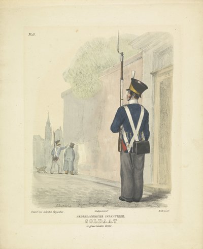 Soldat i garnisonsklänning, 1820-1825 holländskt infanteri. Soldat i guarnisuniform (titel på föremål) Militära dräkter av kungariket Nederländerna. Tillägnad Hans Excellence Willem van Bylandt (serietitel på objekt) av A. Courtois