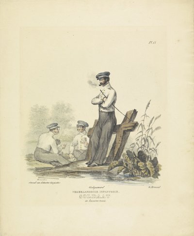 Soldat i barackuniform, 1820-1825 holländskt infanteri. Soldat i Kaserne-dräkt (titel på objekt) Militära dräkter av kungariket Nederländerna. Tillägnad Hans Excellence Willem van Bylandt (serietitel på objekt) av A. Courtois