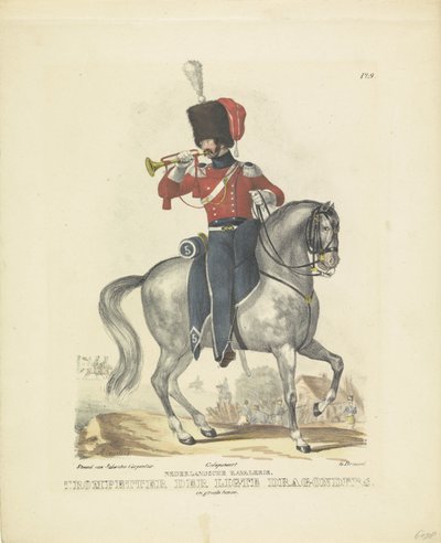 Trumpetare i full uniform Trumpetare i stor uniform, 1820-1825 holländskt kavalleri. Ligte dragonernas trumpetare. i full uniform (titel på föremål) Militära dräkter av kungariket Nederländerna. Tillägnad hans excellens William av B av A. Courtois