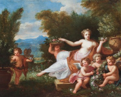 Flora liggande i ett landskap med putti som kommer med blommor. (olja på duk) av A. Diennen