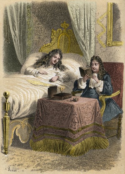 Ludvig XIV, kung av Frankrike, tyckte om att höra Jean Racine läsa och tog in honom när han var sjuk. Gravyr av A. Duruy i "" litterära illustrationer av Frankrike; guld, anekdotisk galleri av våra huvudförfattare som är intresserade av deras handlingar oc av A. Duruy