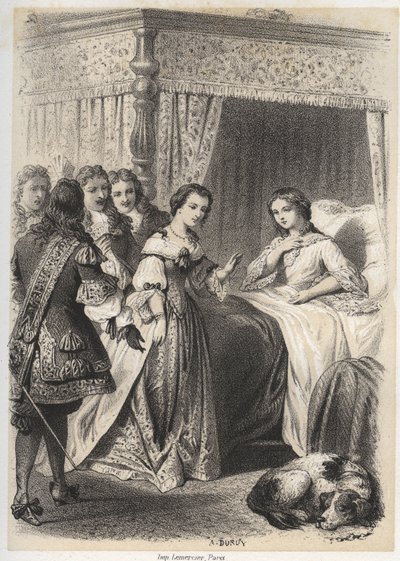 Madame Deshoulieres, Antoinette Ligier de La garde (1637-1694) överväldigad av frågor från sitt följe efter en natt tillbringad med rädsla för spöket. Gravyr av A. Duruy i "" Illustrations litteraires de la France; eller, Galerie anecdotique de nos pr av A. Duruy