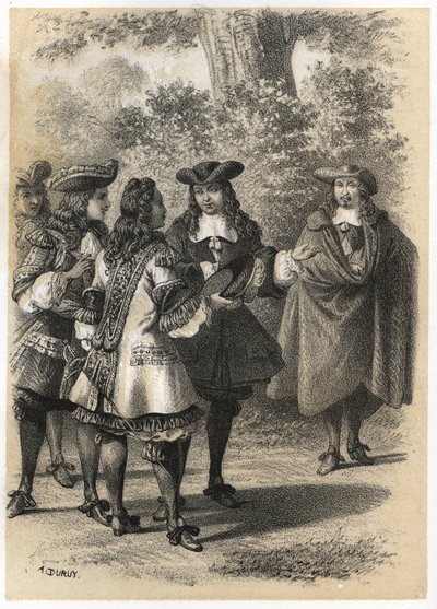 Möte i Paris mellan Jean Racine (1639-1699) och Pierre Corneille (1606-1684). Gravyr av A. Duruy i "" litterära illustrationer av Frankrike; guld, Anekdotisk galleri av våra huvudförfattare intresserade av deras handlingar och deras inskriptioner”” av J.B. av A. Duruy