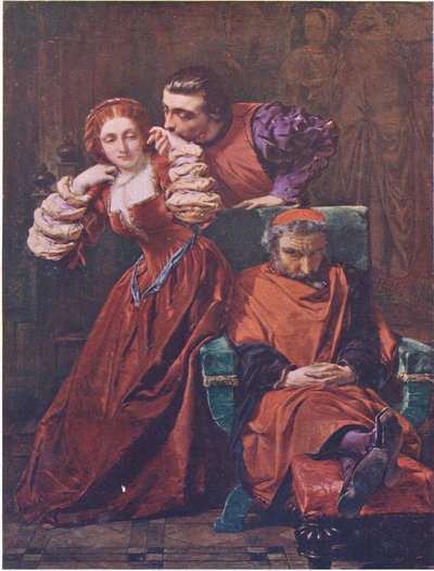 Silvia och Valentine (The Two Gentlemen of Verona) "Denna kärlek till dem jag själv har ofta sett, lyckligtvis, när de har dömt mig fast i sömnen", från The Complete Works of William Shakespeare pub. av J Coker & Co Ltd (färg litho) av A. E. Elmore