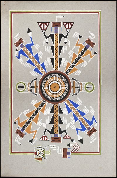 Ritningar som visar begravningsplatsen för "Cadunce" en Chippewa-indian "medicinman", en Navajo-sandmålning och målningar av kråksten av A. Grossman