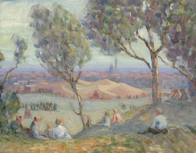 Utsikt från Arlington Heights, med Chautaqua-tält och Washington-monumentet..., ca. 1922. av A. H. O. Rolle