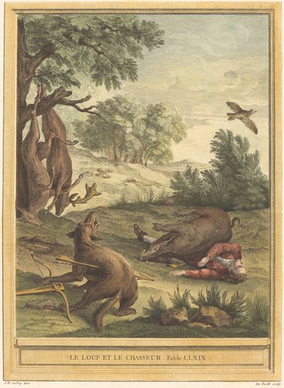 Vargen och jägaren av A. J. de Fehrt after Jean Baptiste Oudry