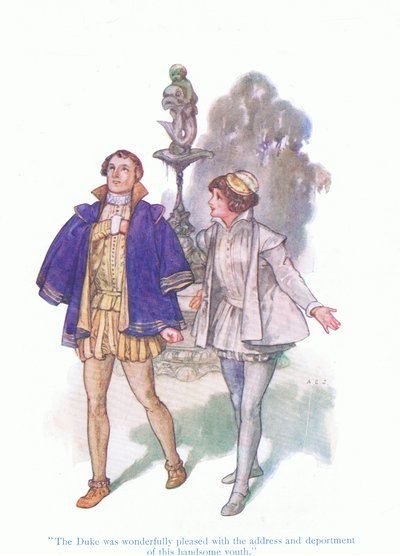 Hertigen var underbart nöjd med adressen och utspelet av denna stiliga ungdom (Twelth Night), från Tales from Shakespeare pub. av Ward Lock & Co Ltd av A. Jackson