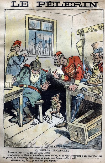 Cabaret Querelle: Tecknad film om kolonialkrigen mellan England, Tyskland, Frankrike och USA kring situationen i Fachoda i Afrika. Gravyr av Lemot i "" le Pelerin"" av den 23 april 1899 (Fachoda-krisen: allvarlig diplomatisk incident mellan av A Lemot