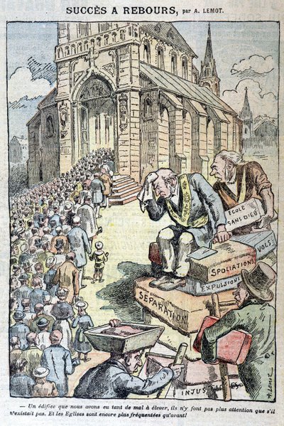 Nedräkningsframgång: skolor utan gud, rån, vräkningar, separation... "Och kyrkorna är ännu mer trånga än tidigare!" - Tecknad film mot antiklerikalism av Lemot, i "" Le Pelerin"" av 1909-04-11 av A Lemot