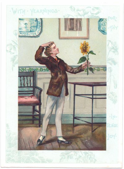 Det viktorianska hälsningskortet för blomsterskådaren av en estetik som avgudar en solros i ectasy, ca 1881 (färg litho) av A. Ludovici