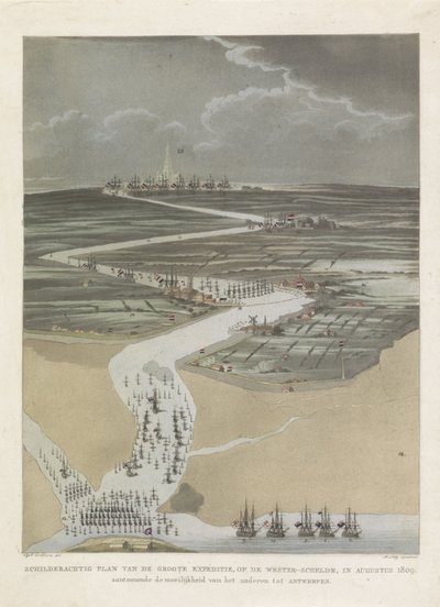 Brittisk expedition till Antwerpen, 1809 Pittoresk plan över den stora expeditionen, på Västra Schelde, i augusti 1809. Visar svårigheten att närma sig Antwerpen (titel på objekt) av A. Lutz