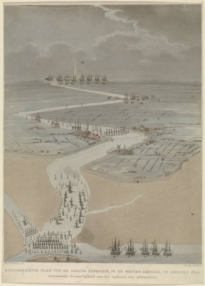 Fågelperspektiv över västra Schelde med engelska, holländska och franska flottor, 1809 Pittoresk plan över den stora expeditionen på Västra Schelde i augusti 1809 (titel på objekt) av A. Lutz