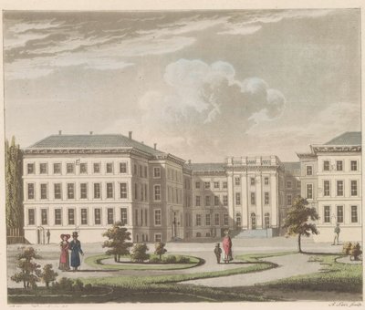 Noordeinde-palatset i Haag, 1810-1825 Le Palais royal à La Haye, vu du jardin / Kungliga slottet i Haag, sett från trädgårdssidan (titel på objektet) av A. Lutz