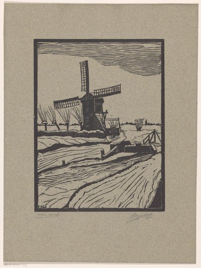 Vinterlandskap med kvarn av A. Marchal