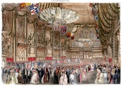Procession av hennes majestät till statsbalen i Guildhall, 1851. av A Mason