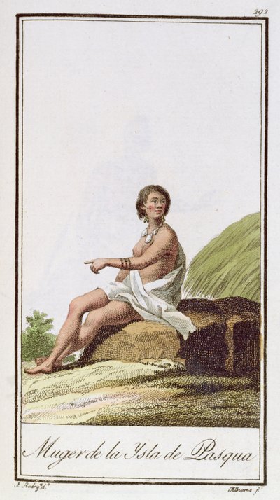 En kvinna från Påskön, graverad av Albuerne, 1799 av A. Rodriguez