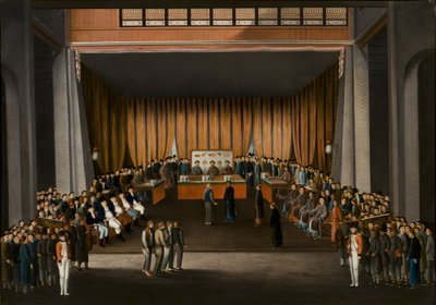 Kinesiska domstolen i hallen på den brittiska fabriken i Kanton, 9 april 1807, ca 1810 (olja på papper) av A. Roland Knight