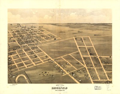 Fågelperspektiv över Brookfield, Linn Co, Missouri 1869. LOC 73693470 av A. Ruger