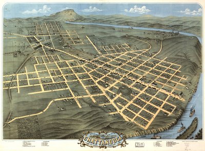 Fågelperspektiv över staden Chattanooga, Hamilton County, Tennessee 1871. av A. Ruger