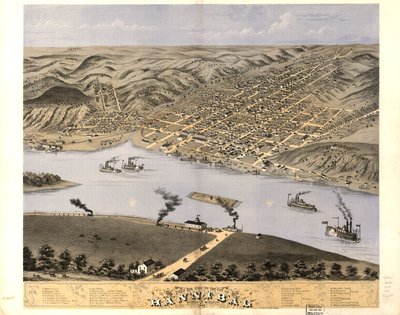 Fågelperspektiv över staden Hannibal, Marion Co, Missouri 1869. LOC 73693475 av A. Ruger