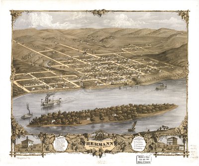 Fågelperspektiv över staden Hermann, Gasconade Co, Missouri 1869. LOC 73693476 av A. Ruger
