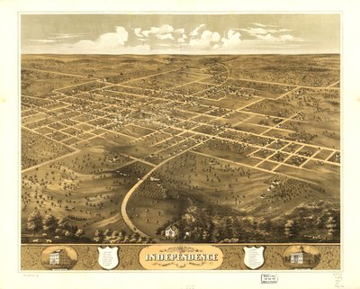Fågelperspektiv över staden Independence, Jackson Co, Missouri 1868. LOC 73693478 av A. Ruger